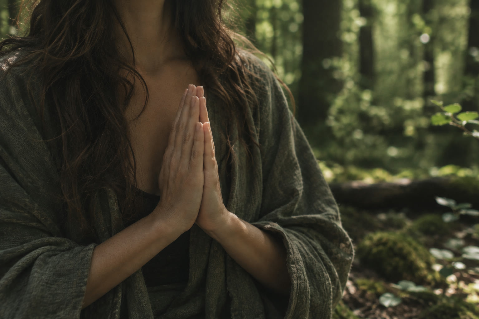 Hände in Namaste-Haltung vor einem ruhigen, moosigen Wald